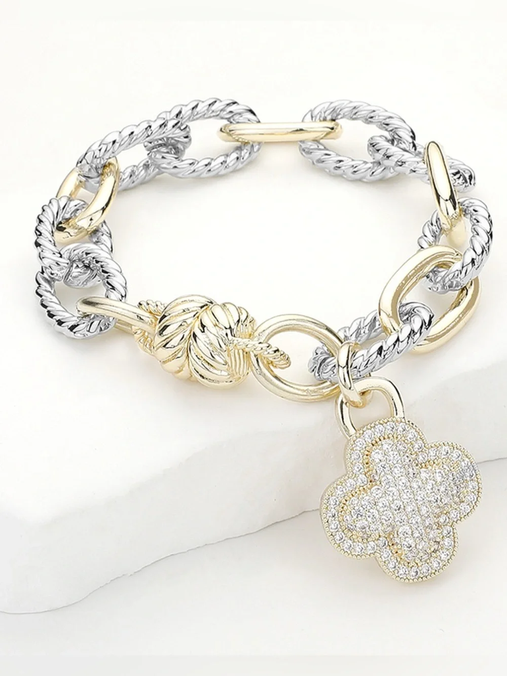 14K Gold Plated Two Tone CZ Stone Paved Quatrefoil Charm Magnetic Bracelet